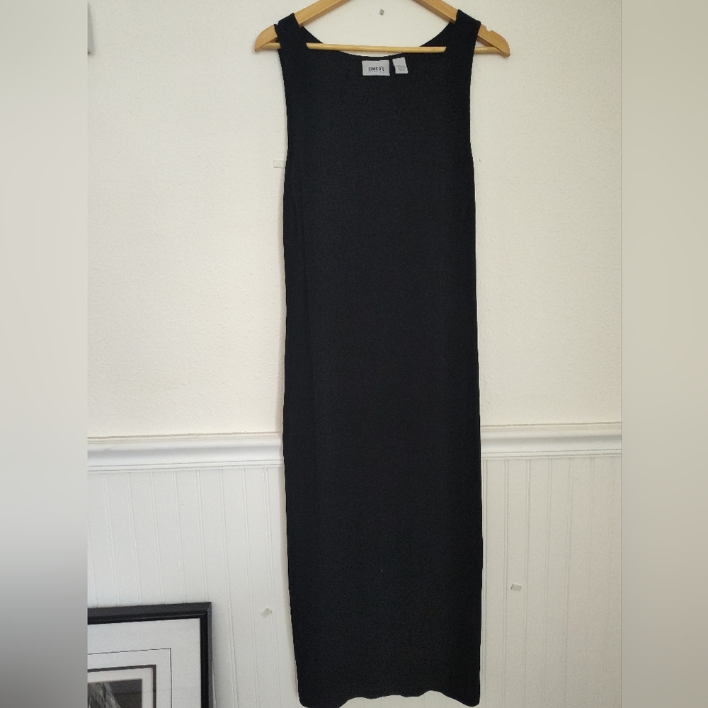 Chicos Travelers Size 1 =Med Slinky Long Sleeveless Black Dress Great Condition